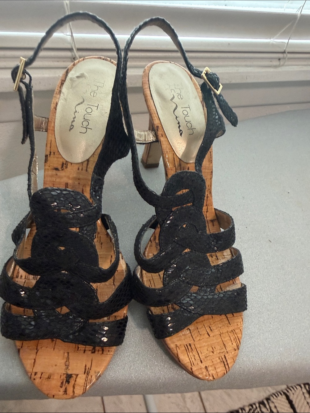 Black Cork Slingback Heeled Sandals